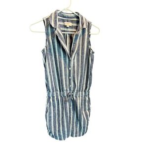 LOFT Blue and White Striped Sleeveless Linen-Blend Romper